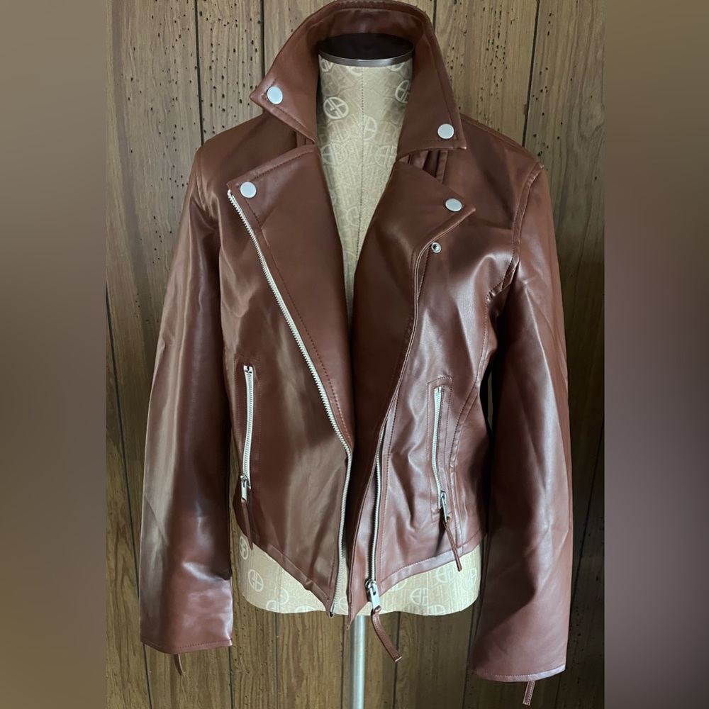 Steve Madden Brown Leather Motorcycle Jacket with Asymmetrical Zipper new
